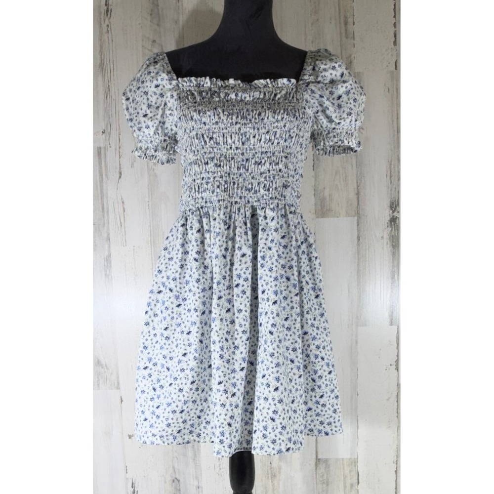 H&M Divided Dress Large Blue Ditzy Floral Smocked Puff Sleeve Cottagecore Cotton